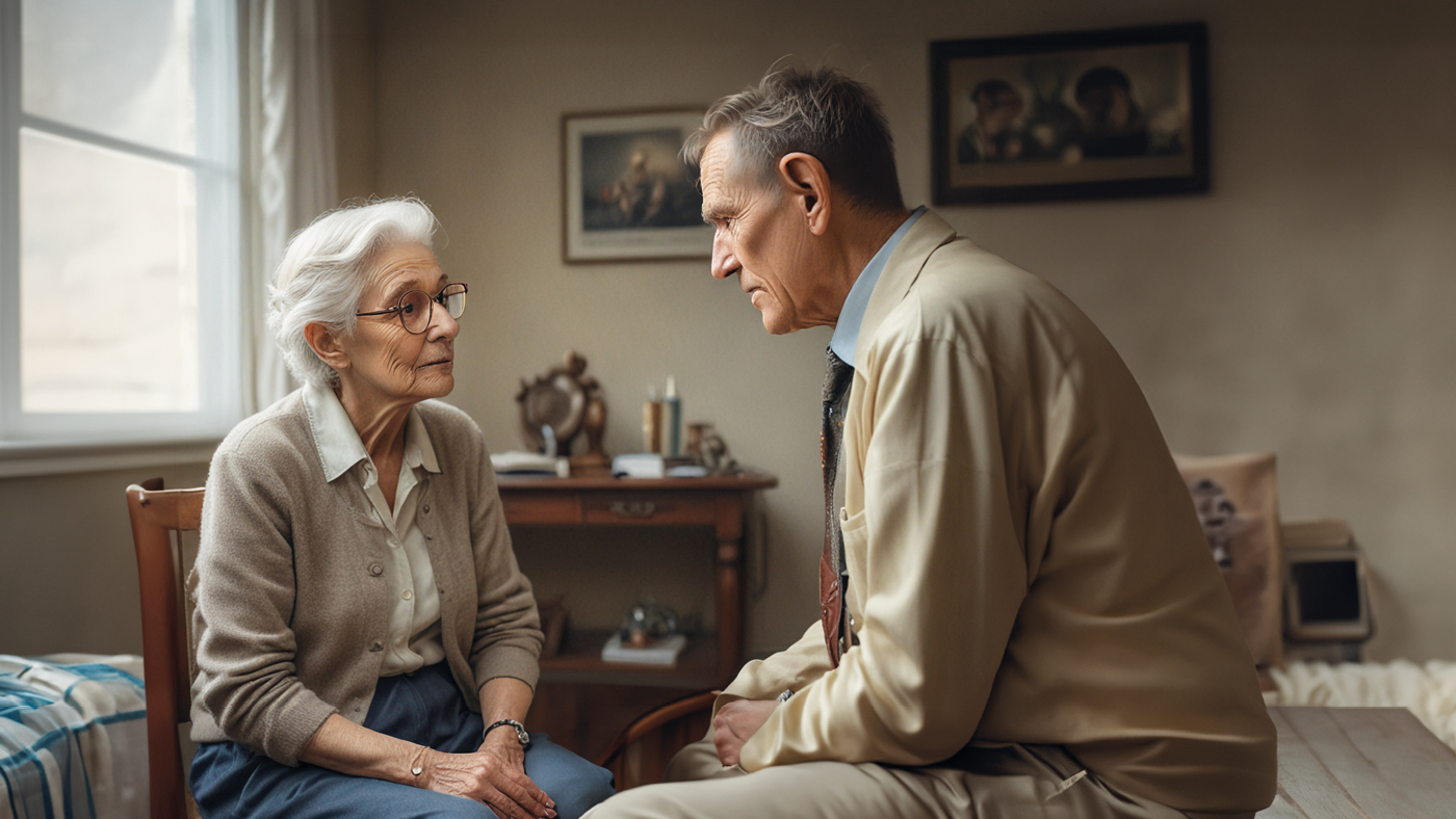 Un giovane uomo seduto su un letto parla con una donna anziana seduta su una sedia