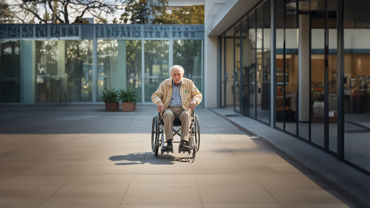 Ein älterer Mann sitzt in einem Rollstuhl und befindet sich vor einem Spital