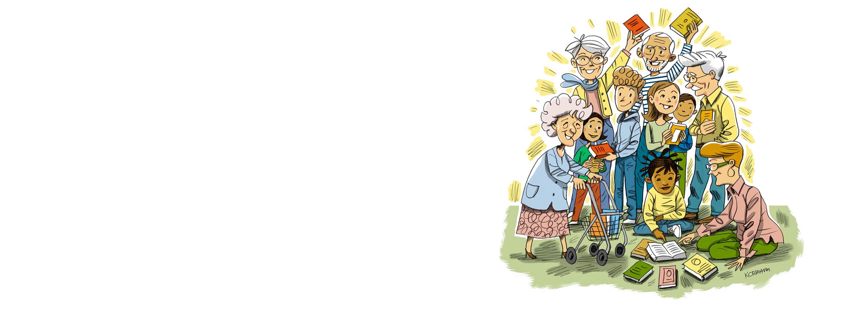 Eine Illustration: Jüngere und ältere Menschen stehen lachend zusammen und halten Bücher in der Hand. 