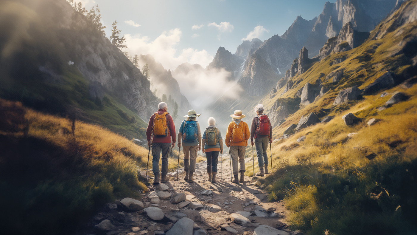 Das Titelbild des Leistungsberichts ist ein mit künstlicher Intelligenz geschaffenes Bild, das fünf ältere Menschen beim Wandern in einem Tal zeigt.