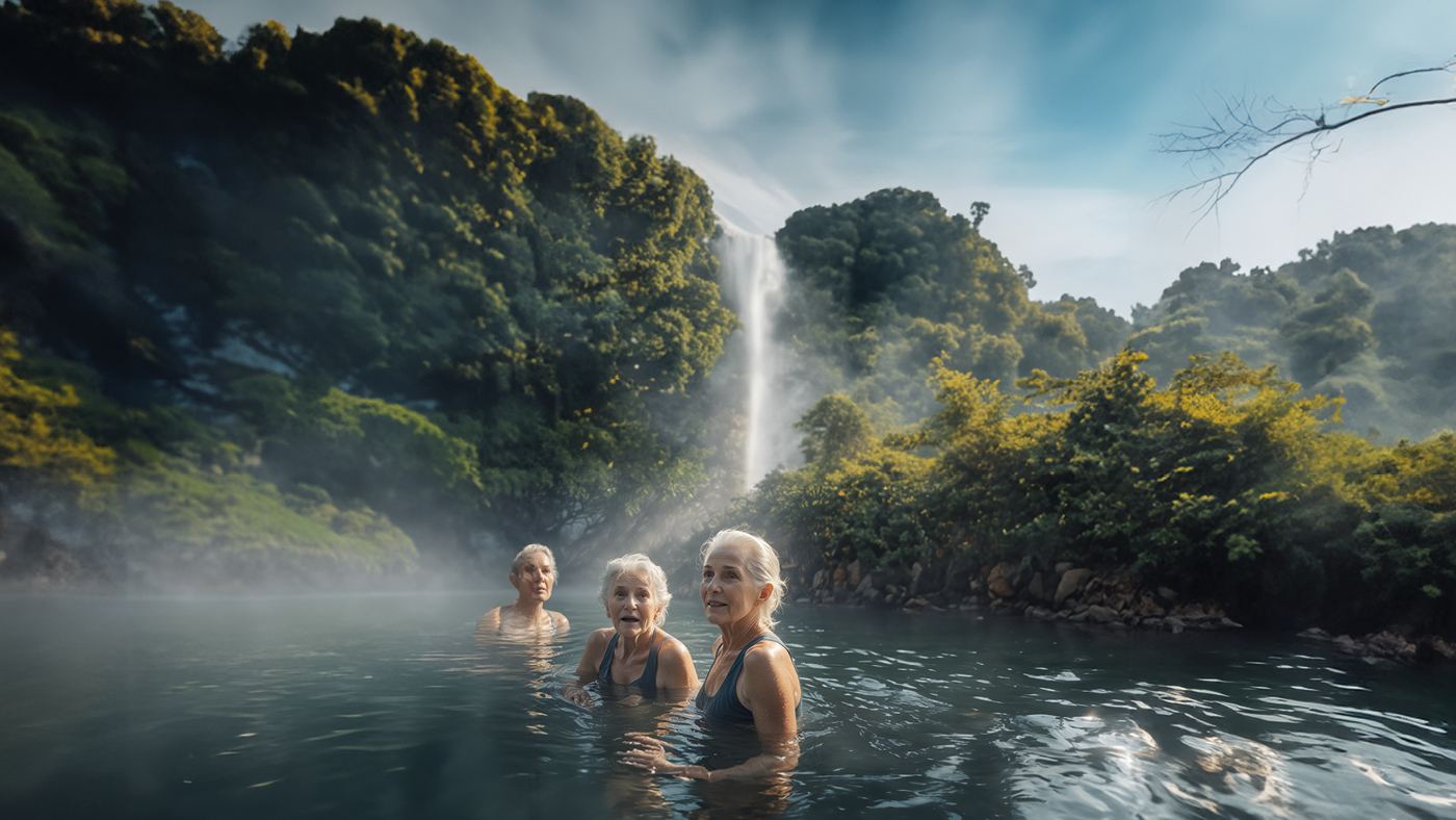 Tre donne anziane fanno il bagno in un lago mentre una cascata precipita alle loro spalle