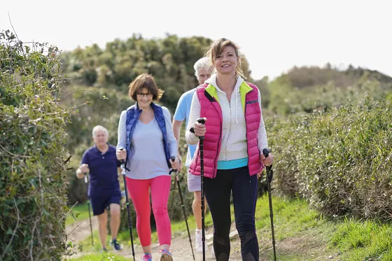 Bild eine Personengruppe ist mit Nordic-Walking-Stöcken unterwegs auf einem von Büschen gesäumten Wanderweg