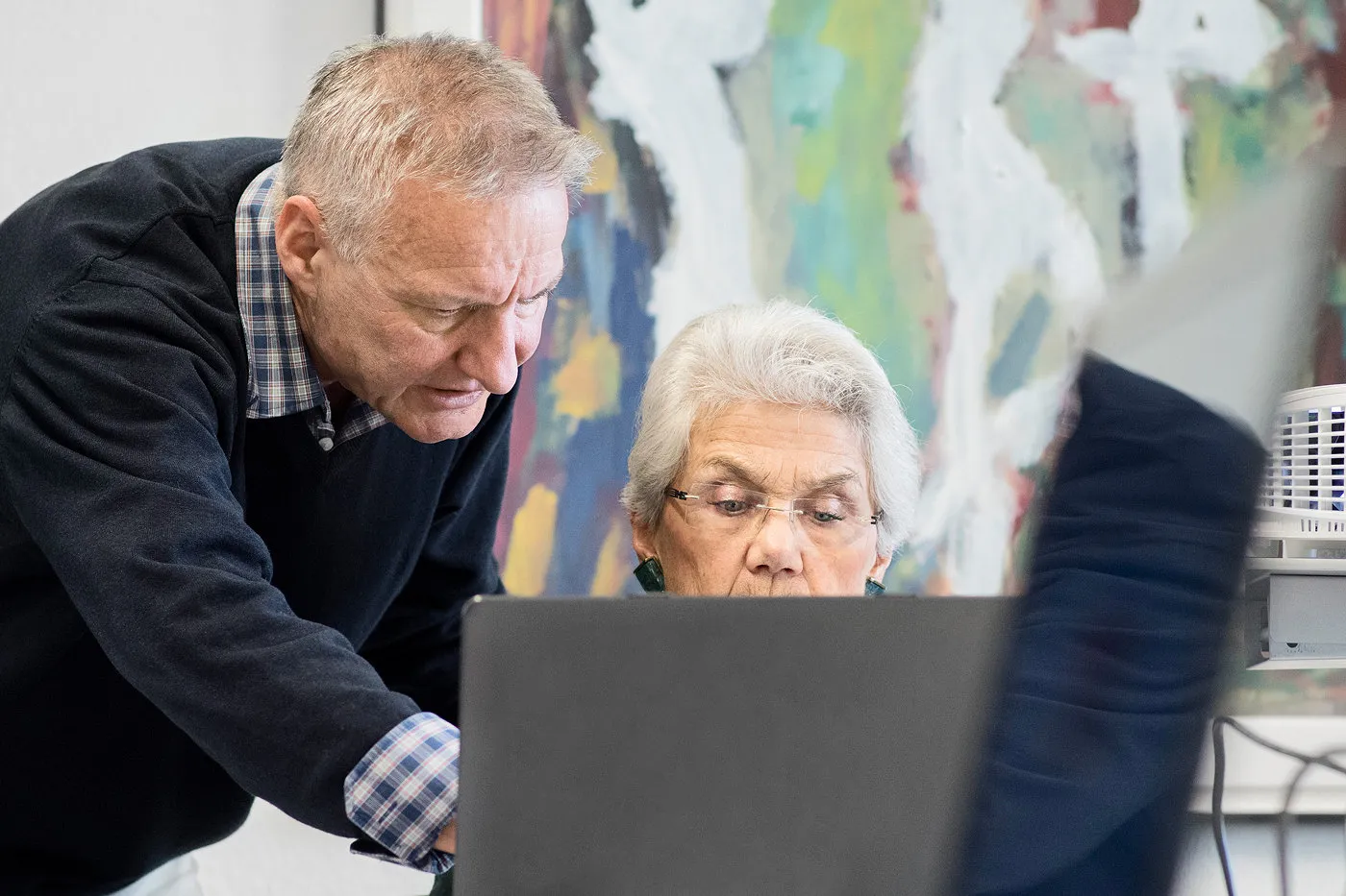 Bild eine ältere Frau sitzt am Laptop. Ein daneben stehender Mann hilft ihr und erklärt etwas.