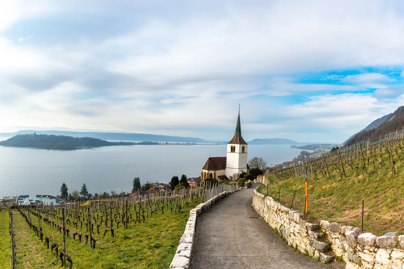 Photo avec vue sur le lac de Bienne. Au premier plan, des vignes et l'église de Gléresse. En arrière-plan, l'île Saint-Pierre